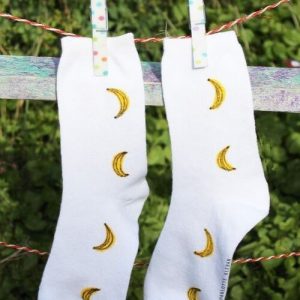 Hand Drawn Banana design, unisex white socks, women's socks, ladies socks. Great gift ideas