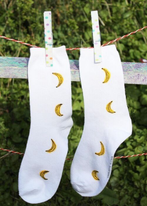 Hand Drawn Banana design, unisex white socks, women's socks, ladies socks. Great gift ideas