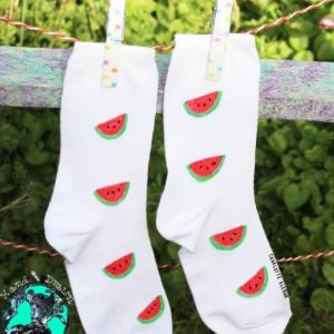 Hand Drawn melon design, unisex white socks, women's socks, ladies socks. Great gift ideas and for everyday use