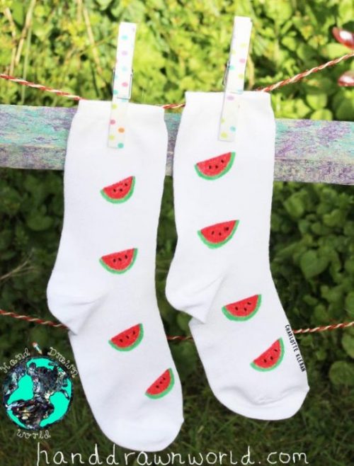 Hand Drawn melon design, unisex white socks, women's socks, ladies socks. Great gift ideas and for everyday use
