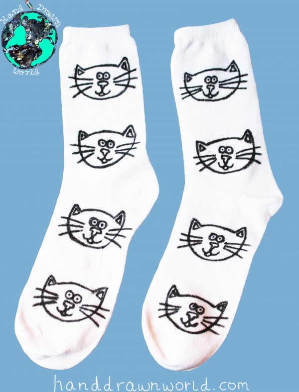 Hand Drawn cats design, unisex white socks, women's socks, ladies socks. Great gift idea