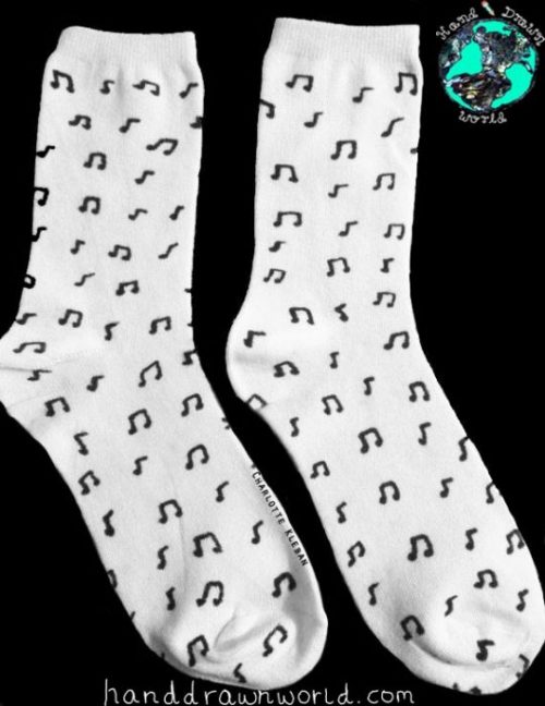 Hand Drawn music design, unisex white socks, women's socks, ladies socks. Great gift ideas