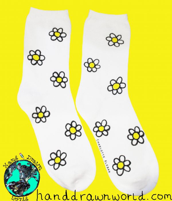 Hand Drawn daisy design, unisex white socks, women's socks, ladies socks. Great gift ideas & for everyday use