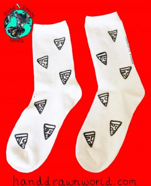 Hand Drawn pizza design, unisex white socks, women's socks, ladies socks. Great gift ideas and for every day use
