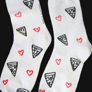 Hand Drawn pizza & hearts design, unisex white socks, women's socks, ladies socks. Great gift ideas