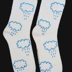Hand Drawn Rain Clouds design, unisex white socks, women's socks, ladies socks. Great gift ideas