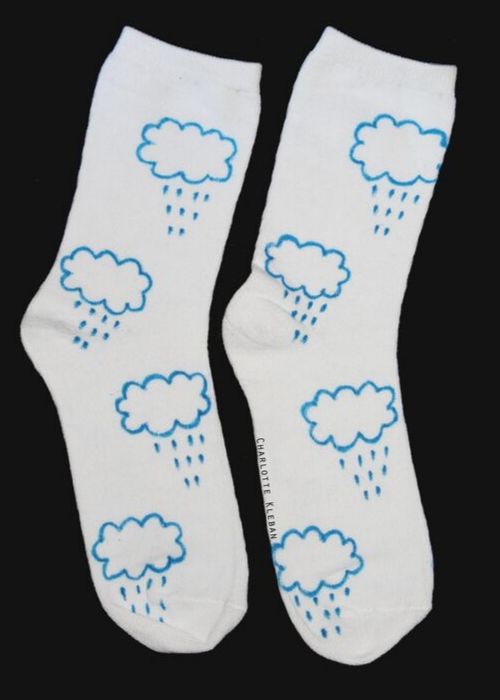Hand Drawn Rain Clouds design, unisex white socks, women's socks, ladies socks. Great gift ideas