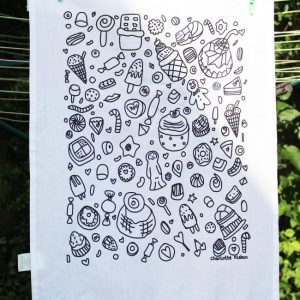 Hand Drawn confectionary design cotton screen printed tea towel. Great gift idea or for use in the kitchen