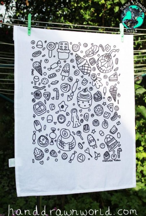Hand Drawn confectionary design cotton screen printed tea towel. Great gift idea or for use in the kitchen