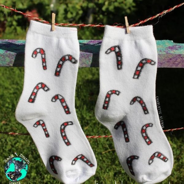 Hand Drawn Christmas Candy Canes design, unisex white socks, women's socks, ladies socks. Great Christmas gift ideas