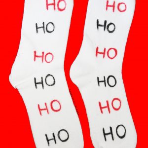 Hand Drawn 'Ho Ho Ho' design, Christmas unisex white socks, women's socks, ladies socks. Great Christmas gift idea