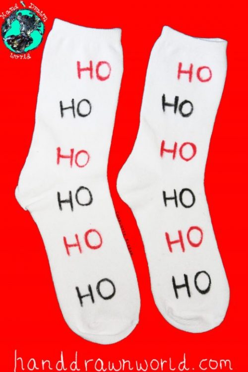 Hand Drawn 'Ho Ho Ho' design, Christmas unisex white socks, women's socks, ladies socks. Great Christmas gift idea