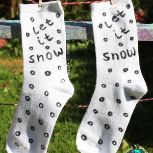 Hand Drawn 'Let It Snow' design, Christmas unisex white socks, women's socks, ladies socks. Great Christmas gift idea