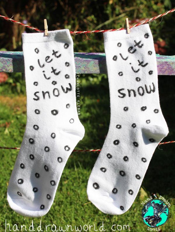 Hand Drawn 'Let It Snow' design, Christmas unisex white socks, women's socks, ladies socks. Great Christmas gift idea