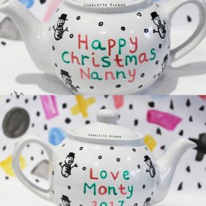 Hand Drawn personalised Christmas message design teapot, small teapot, large teapot, from Charlotte Kleban & Hand Drawn World. Lovely idea for a gift for a lovely nanny