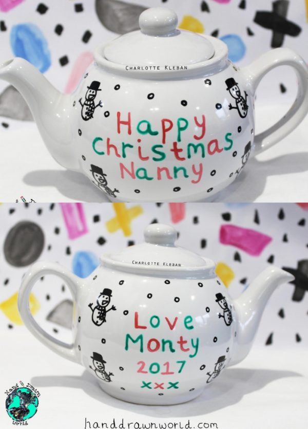 Hand Drawn personalised Christmas message design teapot, small teapot, large teapot, from Charlotte Kleban & Hand Drawn World. Lovely idea for a gift for a lovely nanny