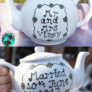 Hand Drawn personalised wedding day teapot, small teapot, large teapot, from Charlotte Kleban & Hand Drawn World. Lovely idea for a gift for a lovely couple