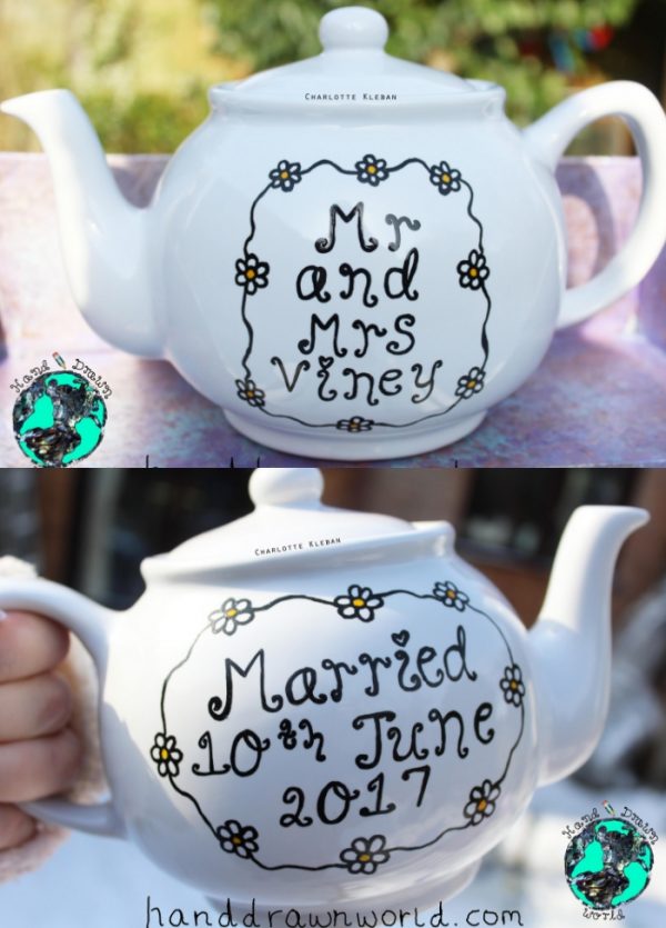 Hand Drawn personalised wedding day teapot, small teapot, large teapot, from Charlotte Kleban & Hand Drawn World. Lovely idea for a gift for a lovely couple