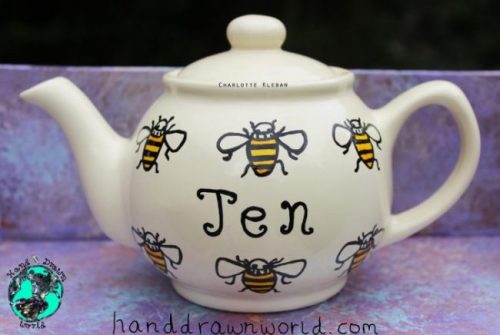 Personalised bee design teapot, small teapot, large teapot, from Charlotte Kleban & Hand Drawn World. Lovely idea for a gift for a lovely person