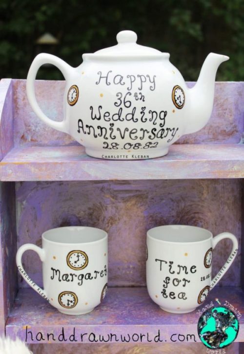 Hand Drawn clock design teapot gift set from Charlotte Kleban & Hand Drawn World. Lovely idea for a gift for a lovely couple