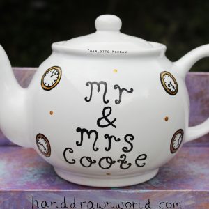 Hand Drawn clock design teapot gift set from Charlotte Kleban & Hand Drawn World. Lovely idea for a gift for a lovely couple