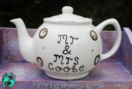 Hand Drawn clock design teapot gift set from Charlotte Kleban & Hand Drawn World. Lovely idea for a gift for a lovely couple