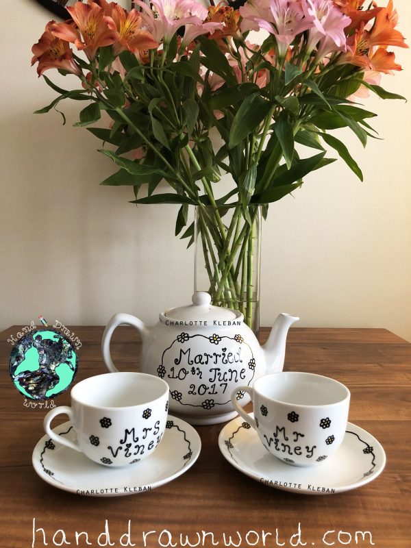Hand Drawn Daisy Chain design teapot gift set from Charlotte Kleban & Hand Drawn World. Lovely idea for a gift for a lovely couple