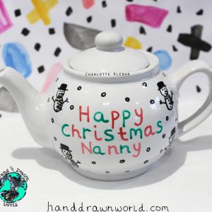 Hand Drawn personalised Christmas message design teapot, small teapot, large teapot, from Charlotte Kleban & Hand Drawn World. Lovely idea for a gift