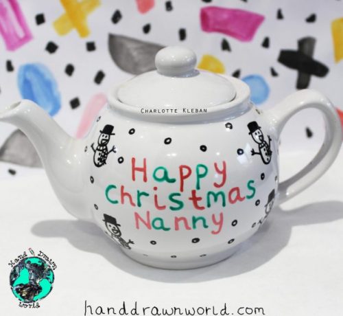 Hand Drawn personalised Christmas message design teapot, small teapot, large teapot, from Charlotte Kleban & Hand Drawn World. Lovely idea for a gift