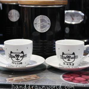 Hand Drawn Mr & Mrs Couple Design espresso cups & saucers set from Charlotte Kleban & Hand Drawn World. Great gift ideas