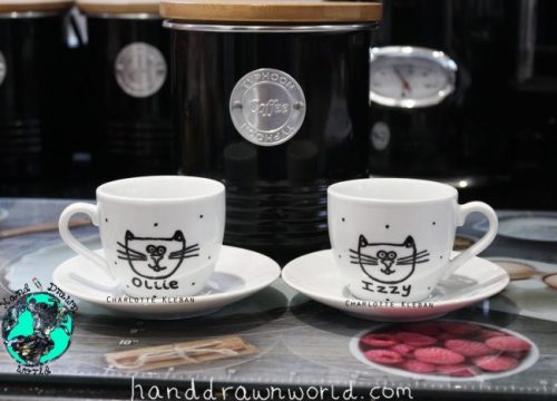 Hand Drawn Mr & Mrs Couple Design espresso cups & saucers set from Charlotte Kleban & Hand Drawn World. Great gift ideas