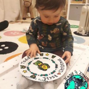 Baby Occasion Plate ~ Large decorative dinner plate for a special occasion such as First Christmas or Christening from Charlotte Kleban & Hand Drawn World, Hand drawn & hand made. Great gift ideas