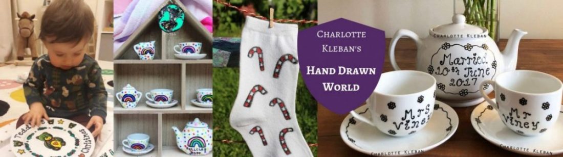 Charlotte Kleban, Hand Drawn World. Tea Pots. Gift Sets. Dinner Plates, White Unisex Socks, Espresso Cups, Christmas Gifts Every Day Things. For Yourself Or For Gift Ideas