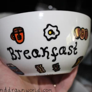 Hand Drawn Breakfast design bowl. For cereal, fruit, Great gift ideas
