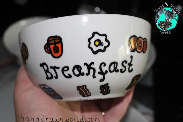 Hand Drawn Breakfast design bowl. For cereal, fruit, Great gift ideas