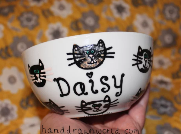 Hand Drawn coloured cat design bowl. For cereal, fruit, Great gift ideas