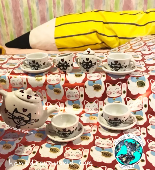 Kids miniature tea set with cat design by Charlotte Kleban, Hand Drawn Designs - every day items for all occasions